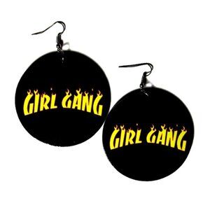 GIRL GANG Flaming Fire Statement Dangle Drop Wood Earrings